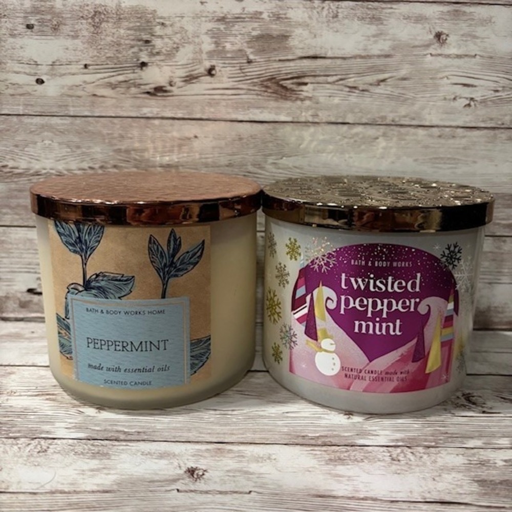 Lot of 2 Bath & Body Works Peppermint and Twisted Pep 3 Wick Candles 14.5 fl oz